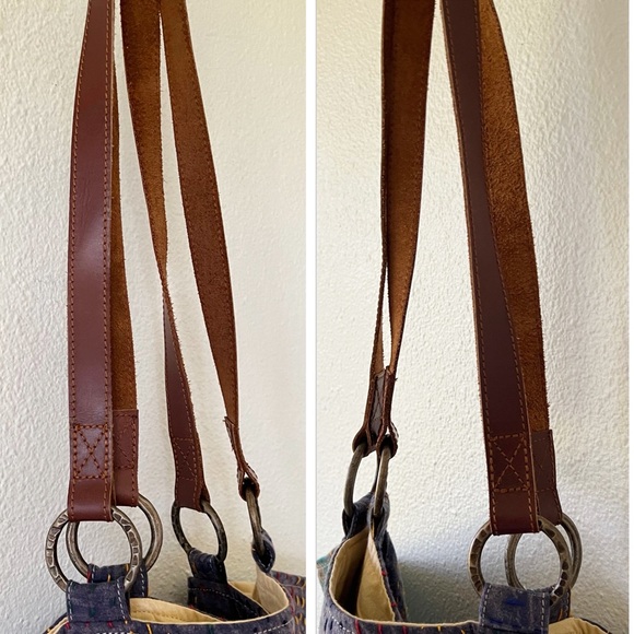 Free People Winnie Washed Leather Strap Quilted Boho Mixed Media Plaid Tote Bag - Picture 10 of 16